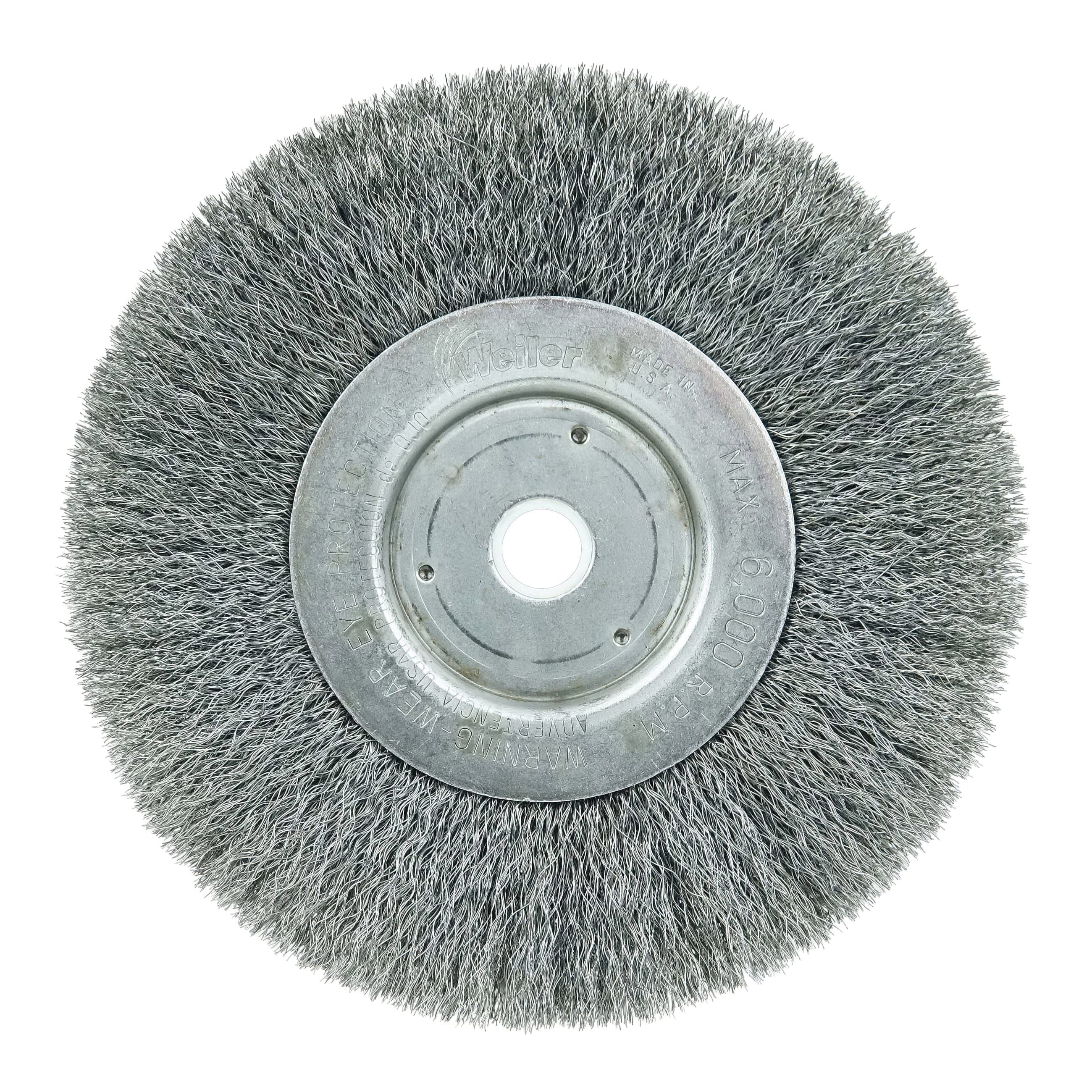 Weiler® 01045 Narrow Face Wheel Brush, 6 in Dia Brush, 3/4 in W Face, 0.008 in Dia Crimped Filament/Wire, 1/2 to 5/8 in Arbor Hole